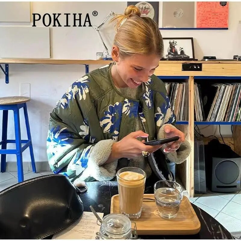 Pokiha mood naiste lambavill vabaaja paks soe lillemustriga jope Vintage pikkade varrukatega nööbiga naiste pealisriided talv uus