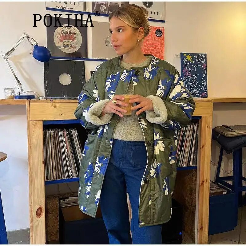 Pokiha mood naiste lambavill vabaaja paks soe lillemustriga jope Vintage pikkade varrukatega nööbiga naiste pealisriided talv uus