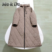 Mu&Du 2023 Χειμώνας Γυναικείες Χαλαρές ρομβικές δικτυωτές κουκούλες Μακρύ βαμβακερό φερμουάρ Γυναικείο μπουφάν Γυναικείο χοντρό ζεστό παλτό Parka Outwear Νέο