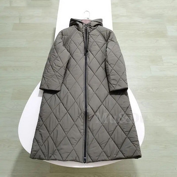 Mu&Du 2023 Зимно дамско свободно ромбично решетъчно цип с качулка Дълго памучно яке Дамско удебелено топло палто парка Ново облекло
