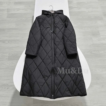 Mu&Du 2023 Χειμώνας Γυναικείες Χαλαρές ρομβικές δικτυωτές κουκούλες Μακρύ βαμβακερό φερμουάρ Γυναικείο μπουφάν Γυναικείο χοντρό ζεστό παλτό Parka Outwear Νέο