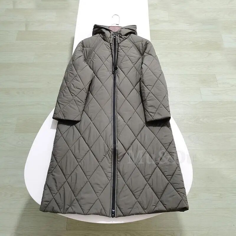 Mu&Du 2023 Χειμώνας Γυναικείες Χαλαρές ρομβικές δικτυωτές κουκούλες Μακρύ βαμβακερό φερμουάρ Γυναικείο μπουφάν Γυναικείο χοντρό ζεστό παλτό Parka Outwear Νέο