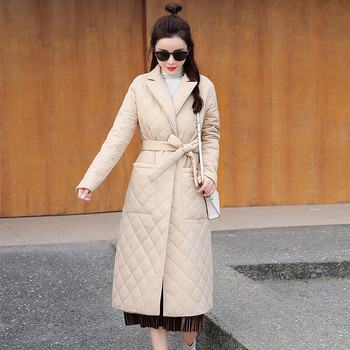 Модно дамско есенно/зимно топло палто с пухена памучна подплата 2023 г., тесно яке с дълъг колан