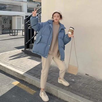 2023 Winter Basic με κουκούλα από βαμβακερό γυναικείο κοντό σακάκι Κορεατικής μόδας Streetwear Φαρδιά ρούχα Νέα casual παχιά ζεστά oversize παρκά