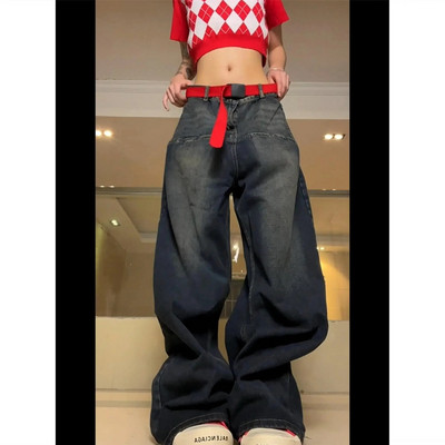 Y2K didelio dydžio skalbti retro spalvos kontrastingi džinsai moteriški 2023 m. naujos mados gatvės tiesios laisvos plačios kelnės