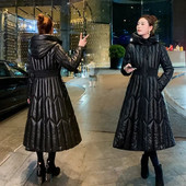 Ilgi pūkiniai medvilniniai paltai, moteriški juodi parkai, 2023 m. Nauja šilta žieminė striukė su gobtuvu, medvilniniu paminkštintu paltu, storu šiltu pūkuotu paltu