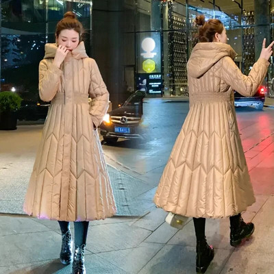 Ilgi pūkiniai medvilniniai paltai, moteriški juodi parkai, 2023 m. Nauja šilta žieminė striukė su gobtuvu, medvilniniu paminkštintu paltu, storu šiltu pūkuotu paltu