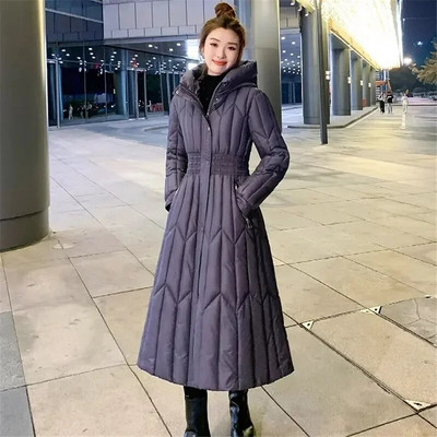 Ilgi pūkiniai medvilniniai paltai, moteriški juodi parkai, 2023 m. Nauja šilta žieminė striukė su gobtuvu, medvilniniu paminkštintu paltu, storu šiltu pūkuotu paltu