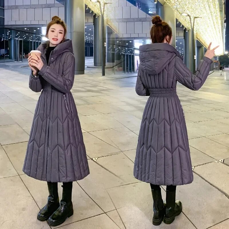 Ilgi pūkiniai medvilniniai paltai, moteriški juodi parkai, 2023 m. Nauja šilta žieminė striukė su gobtuvu, medvilniniu paminkštintu paltu, storu šiltu pūkuotu paltu