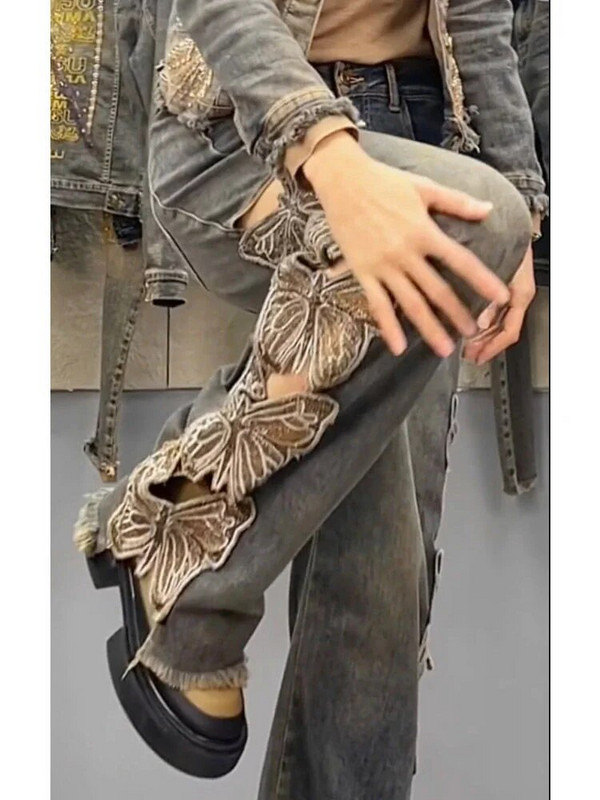 Suvised Y2K tänavarõivad Harajuku liblikas kaunistus teksapüksid naiste kõrge vöökohaga tikandid lahtised sirge auguga rebitud teksad