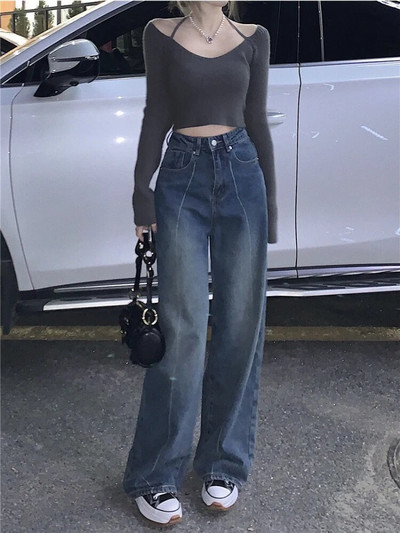 HOUZHOU Vintažiniai 90-ųjų krepšiai džinsai, moteriški Y2K gatvės drabužiai, negabaritinės, plačios džinsinės kelnės Harajuku korėjietiškos laisvos kelnės