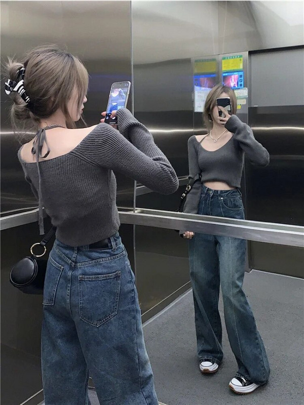 HOUZHOU Vintažiniai 90-ųjų krepšiai džinsai, moteriški Y2K gatvės drabužiai, negabaritinės, plačios džinsinės kelnės Harajuku korėjietiškos laisvos kelnės