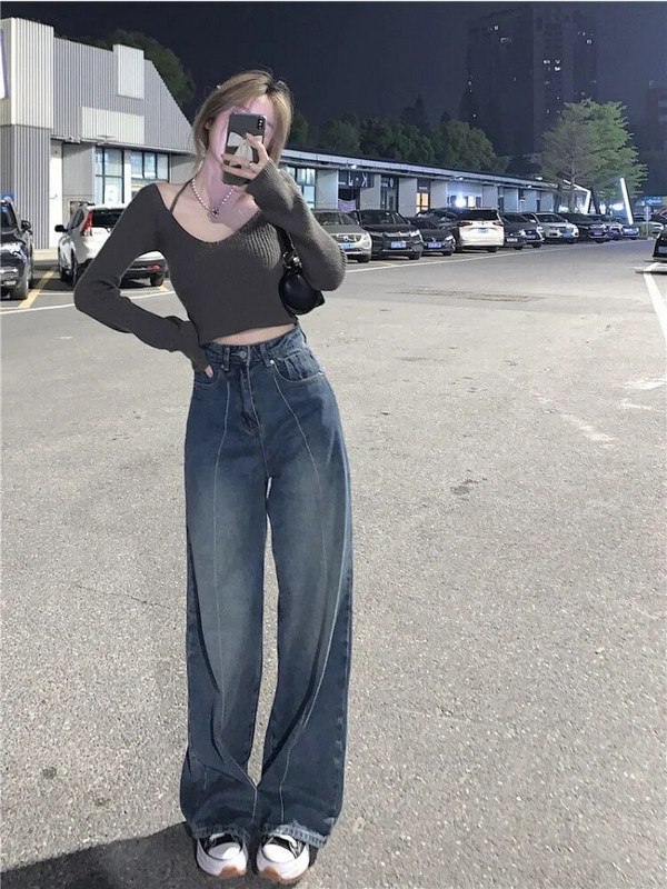 HOUZHOU Vintažiniai 90-ųjų krepšiai džinsai, moteriški Y2K gatvės drabužiai, negabaritinės, plačios džinsinės kelnės Harajuku korėjietiškos laisvos kelnės