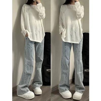 Xpqbb naiste laia säärega teksapüksid mood helesinised tänavarõivad Y2K teksad naistele esteetilised kõrge vöökohaga laienevad püksid naistele