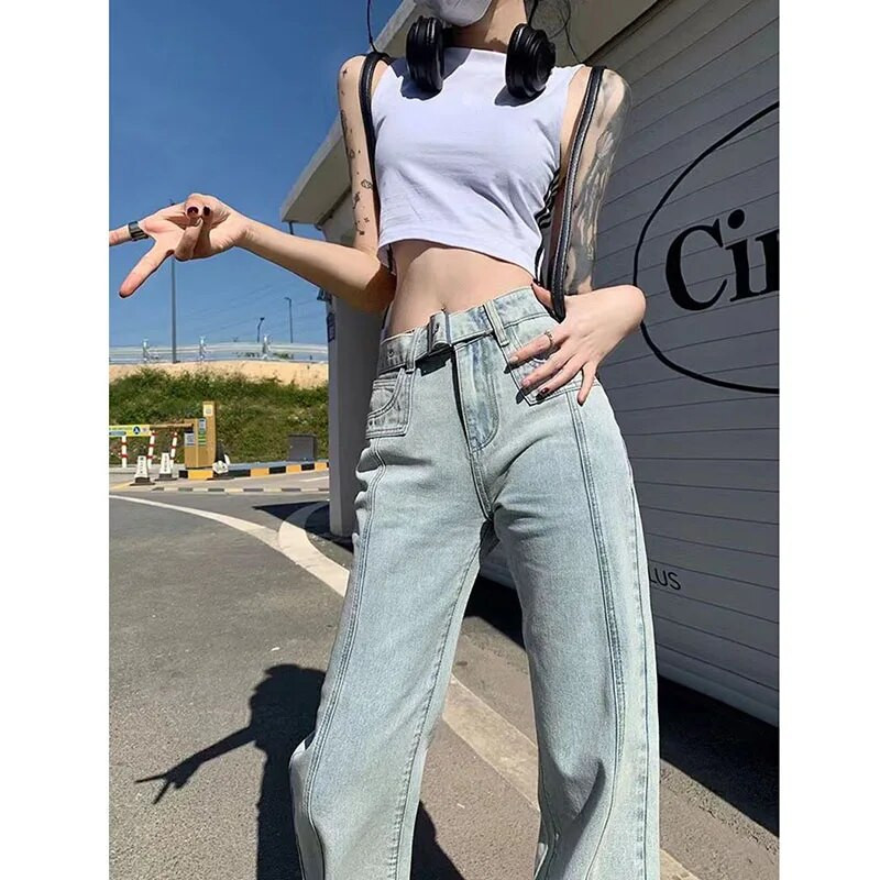 Xpqbb naiste laia säärega teksapüksid mood helesinised tänavarõivad Y2K teksad naistele esteetilised kõrge vöökohaga laienevad püksid naistele