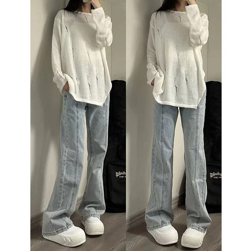 Xpqbb naiste laia säärega teksapüksid mood helesinised tänavarõivad Y2K teksad naistele esteetilised kõrge vöökohaga laienevad püksid naistele