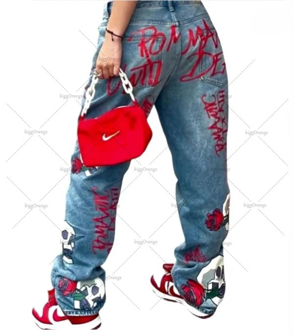 Y2k raidėmis marginti džinsai, moteriški, 2023 m. pavasaris, naujos tendencijos Denim Harajuku laisvalaikio kelnės High Street laisvos kelnės