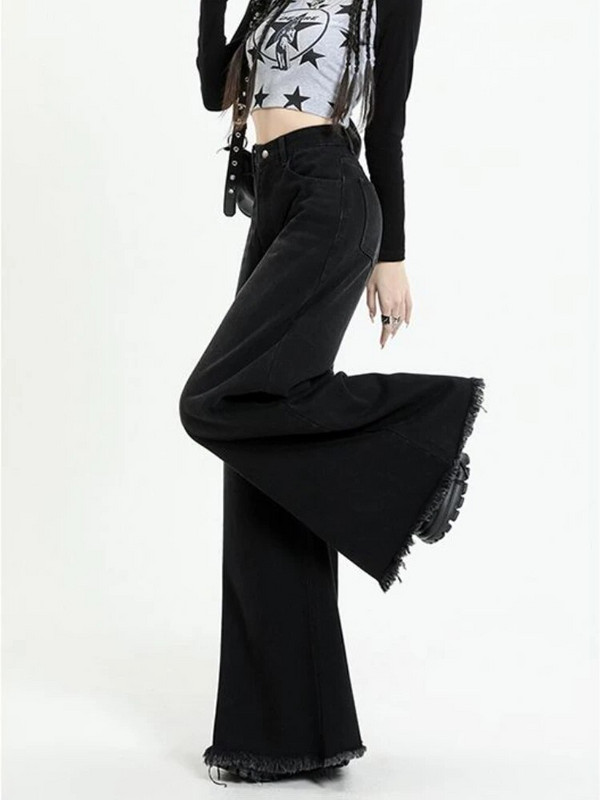 Mop Teksad Naised kottis mustad tänavarõivad Tutt laia säärega Denimpüksid Kolledži Kõrge vöökohaga Y2k Riided Retro kevad Täielik šikk