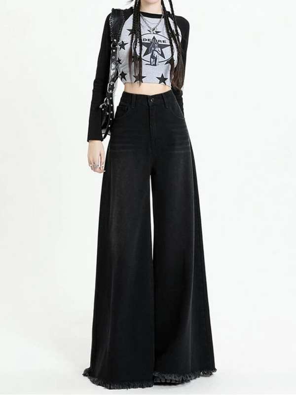 Mop Teksad Naised kottis mustad tänavarõivad Tutt laia säärega Denimpüksid Kolledži Kõrge vöökohaga Y2k Riided Retro kevad Täielik šikk