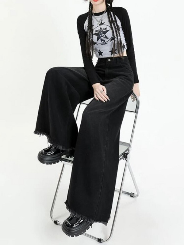 Mop Teksad Naised kottis mustad tänavarõivad Tutt laia säärega Denimpüksid Kolledži Kõrge vöökohaga Y2k Riided Retro kevad Täielik šikk