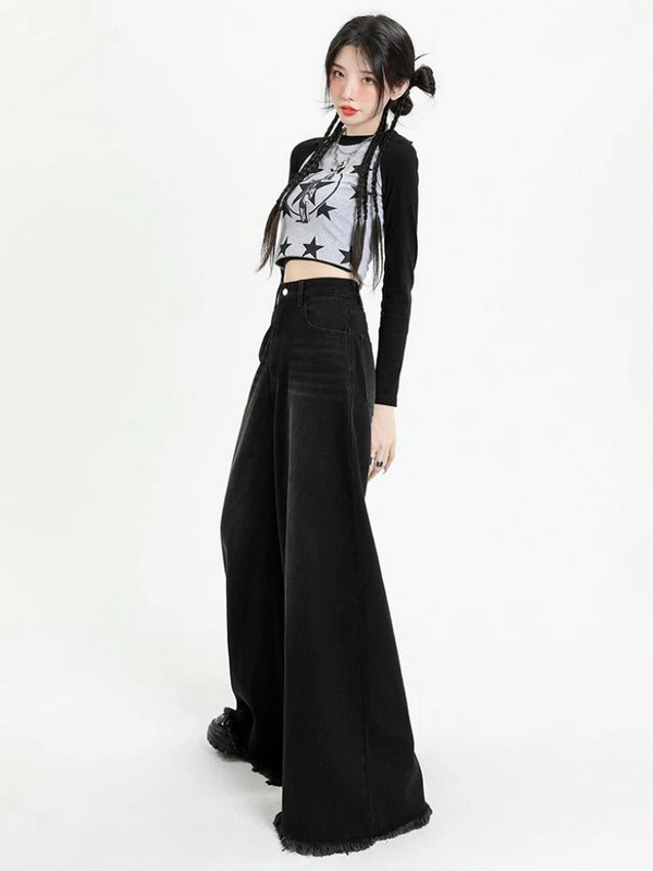 Mop Teksad Naised kottis mustad tänavarõivad Tutt laia säärega Denimpüksid Kolledži Kõrge vöökohaga Y2k Riided Retro kevad Täielik šikk