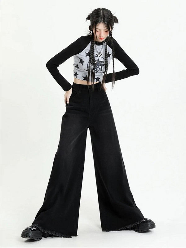 Mop Teksad Naised kottis mustad tänavarõivad Tutt laia säärega Denimpüksid Kolledži Kõrge vöökohaga Y2k Riided Retro kevad Täielik šikk