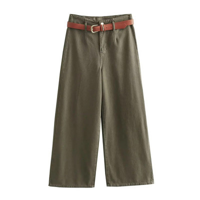 TRAFZA Pantaloni de blugi largi șic pentru femei Pantaloni tăiați cu talie înaltă cu picioare largi Pantaloni de denim cu centură pentru femei Îmbrăcăminte de stradă la modă