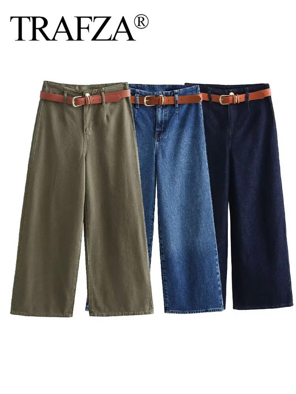 TRAFZA Pantaloni de blugi largi șic pentru femei Pantaloni tăiați cu talie înaltă cu picioare largi Pantaloni de denim cu centură pentru femei Îmbrăcăminte de stradă la modă