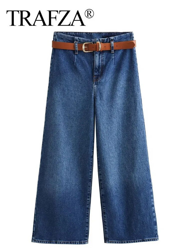 TRAFZA Pantaloni de blugi largi șic pentru femei Pantaloni tăiați cu talie înaltă cu picioare largi Pantaloni de denim cu centură pentru femei Îmbrăcăminte de stradă la modă