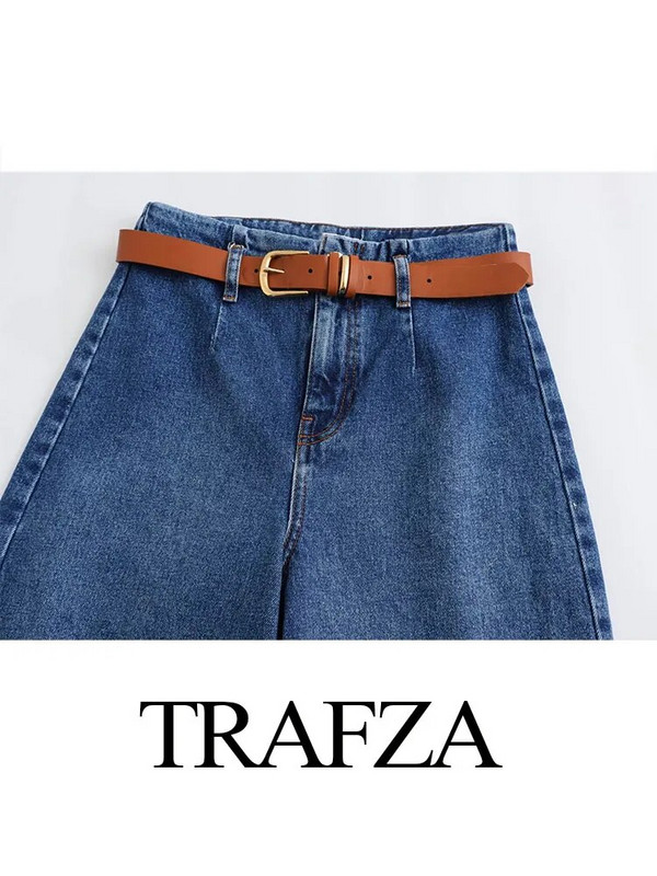 TRAFZA Pantaloni de blugi largi șic pentru femei Pantaloni tăiați cu talie înaltă cu picioare largi Pantaloni de denim cu centură pentru femei Îmbrăcăminte de stradă la modă
