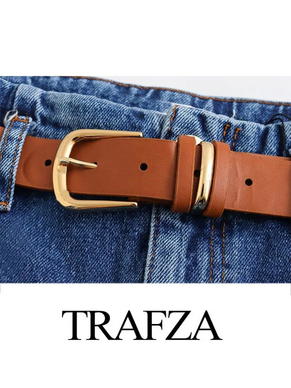 TRAFZA Pantaloni de blugi largi șic pentru femei Pantaloni tăiați cu talie înaltă cu picioare largi Pantaloni de denim cu centură pentru femei Îmbrăcăminte de stradă la modă