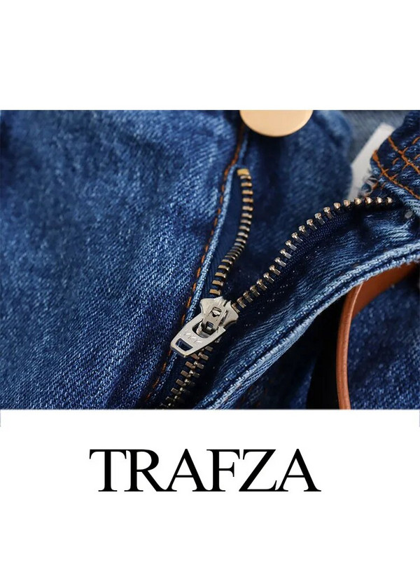 TRAFZA Pantaloni de blugi largi șic pentru femei Pantaloni tăiați cu talie înaltă cu picioare largi Pantaloni de denim cu centură pentru femei Îmbrăcăminte de stradă la modă
