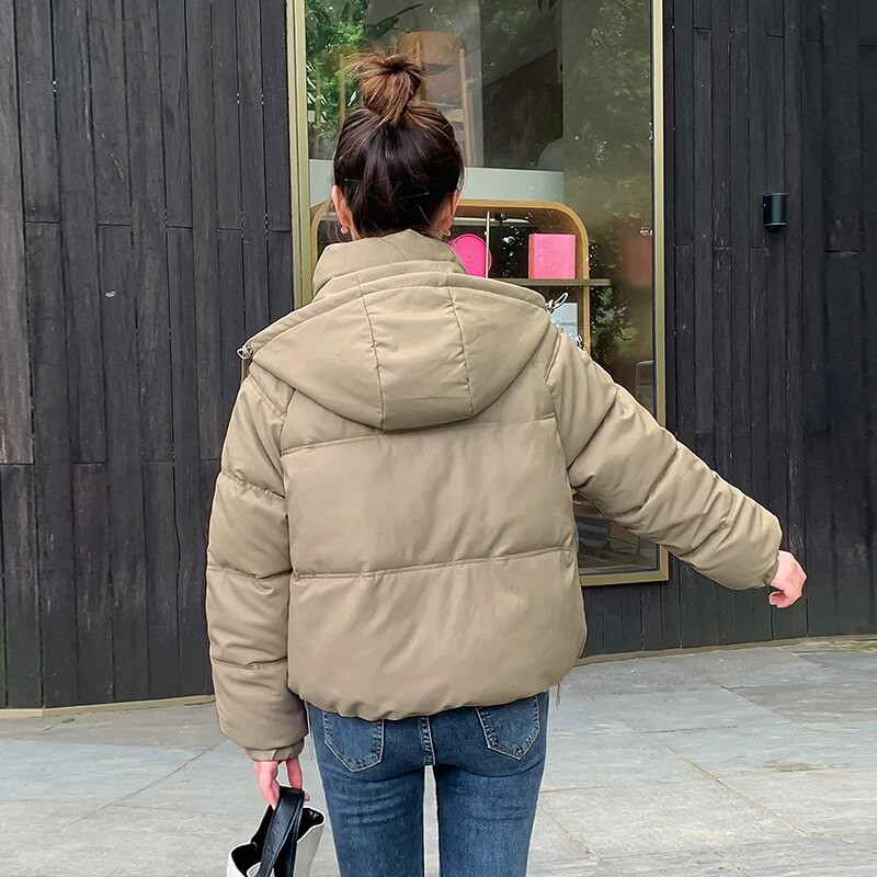 CRRIFLZ moteriškas rudeninis žiemos parkas, vienspalvis, prašmatniomis rankovėmis, moteriškas užtrauktukas, laisvas trumpas medvilninis paltas.