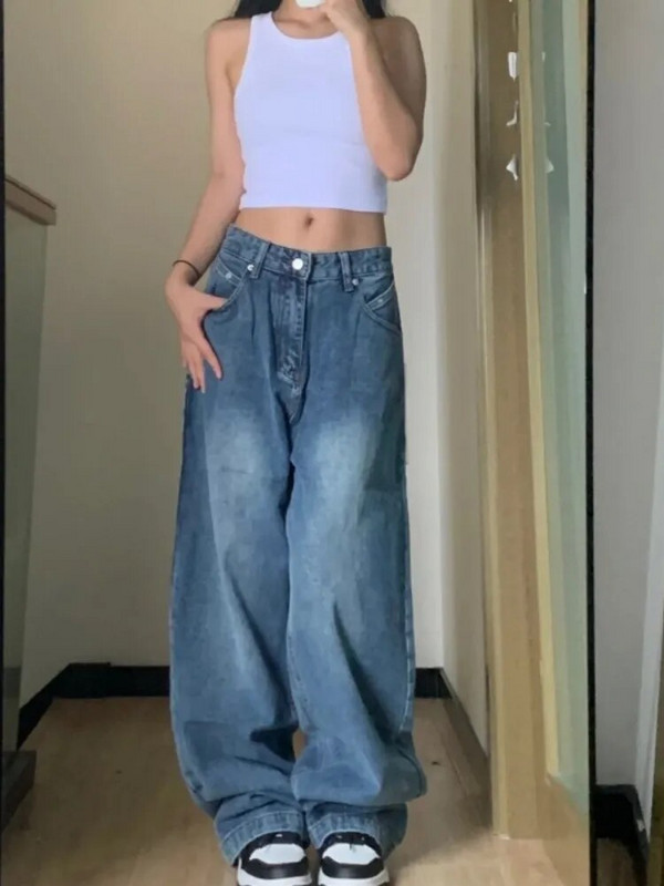 HOUZHOU Naiste laia säärega teksad Vintage Y2k tänavarõivad kottis teksapüksid vabaaja ülisuure vöökohaga naiste püksid korea moes