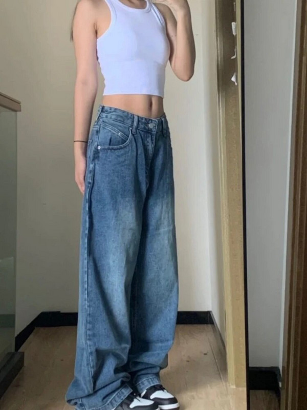 HOUZHOU Naiste laia säärega teksad Vintage Y2k tänavarõivad kottis teksapüksid vabaaja ülisuure vöökohaga naiste püksid korea moes