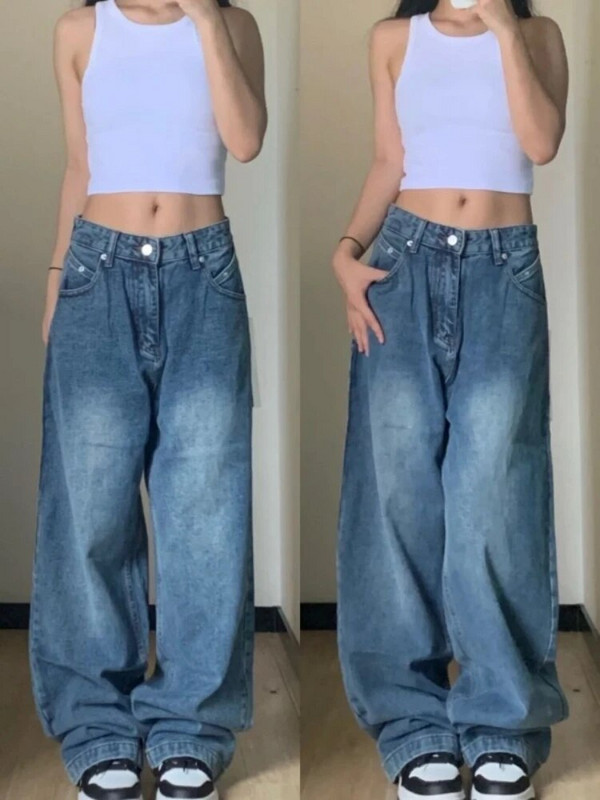 HOUZHOU Naiste laia säärega teksad Vintage Y2k tänavarõivad kottis teksapüksid vabaaja ülisuure vöökohaga naiste püksid korea moes