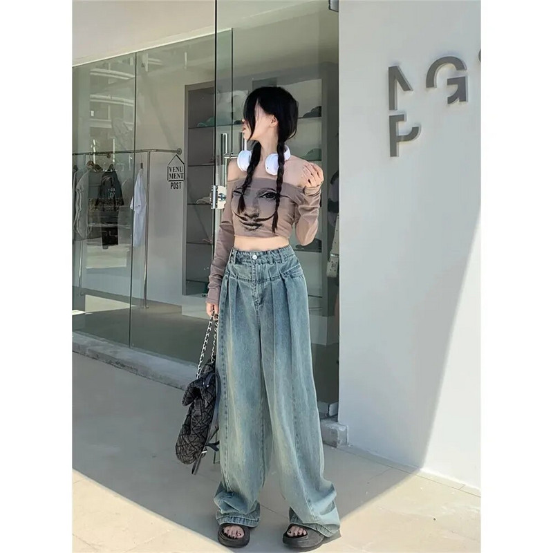 Vintage Streetwear Y2k džinsai plačiomis kojomis moterims Korėjos mados Laisvos mėlynos džinsinės kelnės pavasario rudens kelnės aukštu juosmeniu Vaqueros