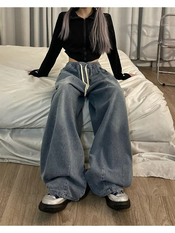 Elastne vöökoht Teksad Naiste Suured püksid Denim laia säärega Y2k Tänavarõivad Sirged Basic Püksid Sügis Lady Teksad Drop Shipping
