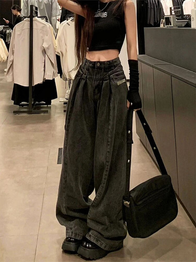 Pantaloni largi Kpop de vară pentru femei, pantaloni din denim cu talie joasă Y2k Streetwear BF Pantaloni lungi de jeans stivuiți Grunge Cyber Gyaru Goth Tide anii 2000