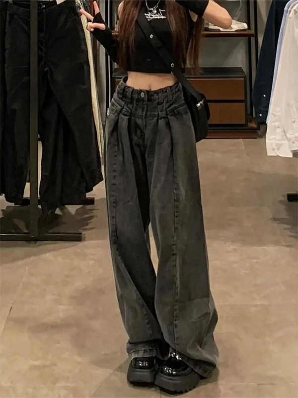 Vasaros moteriškos „Baggy Kpop“ džinsinės kelnės su žemu liemeniu Y2k Streetwear BF sukrautos džinsinės ilgos kelnės Grunge Cyber Gyaru Goth 2000 m.