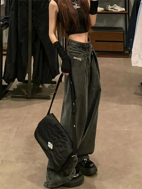 Vasaros moteriškos „Baggy Kpop“ džinsinės kelnės su žemu liemeniu Y2k Streetwear BF sukrautos džinsinės ilgos kelnės Grunge Cyber Gyaru Goth 2000 m.