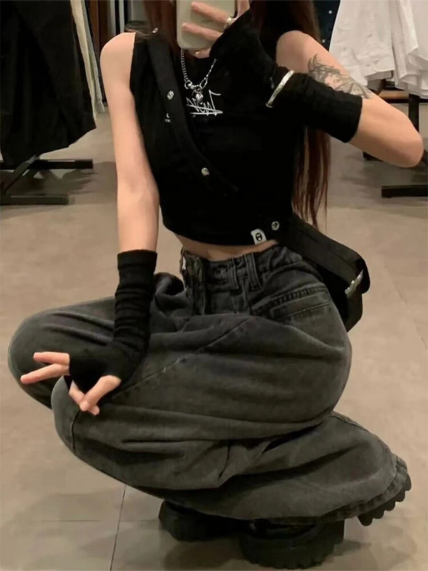 Vasaros moteriškos „Baggy Kpop“ džinsinės kelnės su žemu liemeniu Y2k Streetwear BF sukrautos džinsinės ilgos kelnės Grunge Cyber Gyaru Goth 2000 m.