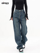 Baggy teksad Naiste kõrge vöökohaga ebaregulaarsed teksad Sinised teksapüksid mood High Street Button Laia säärega teksad lahtised Y2K püksid