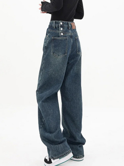 Baggy teksad Naiste kõrge vöökohaga ebaregulaarsed teksad Sinised teksapüksid mood High Street Button Laia säärega teksad lahtised Y2K püksid