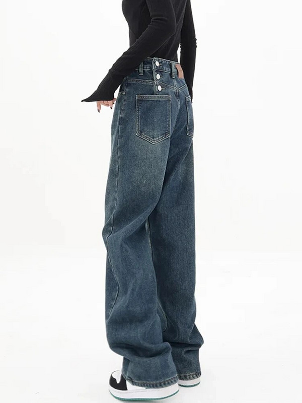 Baggy teksad Naiste kõrge vöökohaga ebaregulaarsed teksad Sinised teksapüksid mood High Street Button Laia säärega teksad lahtised Y2K püksid