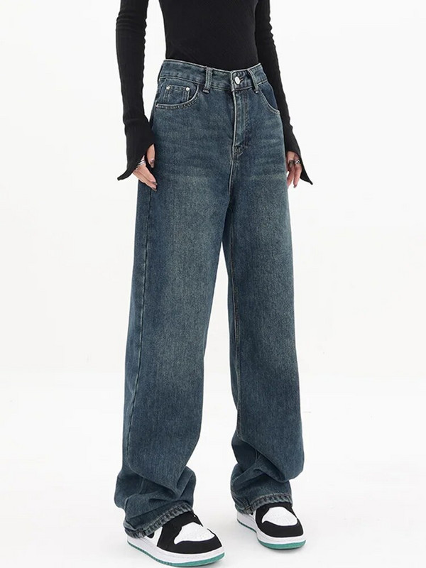 Baggy teksad Naiste kõrge vöökohaga ebaregulaarsed teksad Sinised teksapüksid mood High Street Button Laia säärega teksad lahtised Y2K püksid