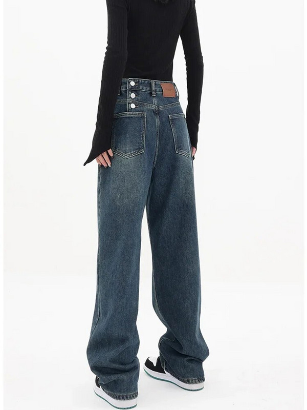 Baggy teksad Naiste kõrge vöökohaga ebaregulaarsed teksad Sinised teksapüksid mood High Street Button Laia säärega teksad lahtised Y2K püksid