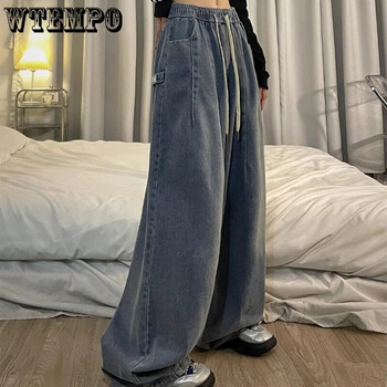 Γυναικεία αμερικανική Vintage φαρδιά τζιν ελαστική μέση Oversized μακρύ παντελόνι τζιν παντελόνι φαρδύ πόδι Streetwear ίσια Basic Daily Y2k