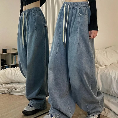 Naised Ameerika vintage kottis teksad Elastne vöökoht Suured pikad püksid Denimpüksid Laia säärega tänavarõivad sirge Basic Daily Y2k