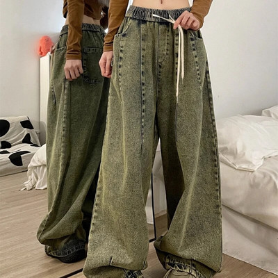 Naised Ameerika vintage kottis teksad Elastne vöökoht Suured pikad püksid Denimpüksid Laia säärega tänavarõivad sirge Basic Daily Y2k